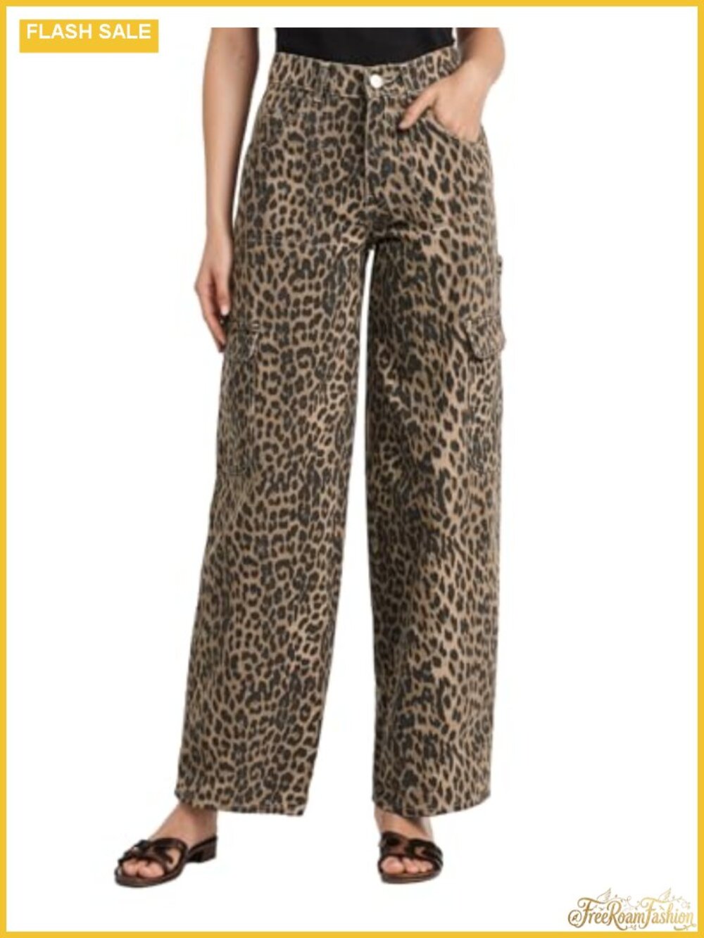 Women's Leopard Print Straight Leg Baggy Cargo Jeans with Pockets